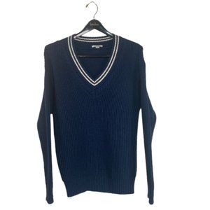 American Eagle Knit V Neck Sweater Mens Medium Long Sleeve Dark Blue White Shirt